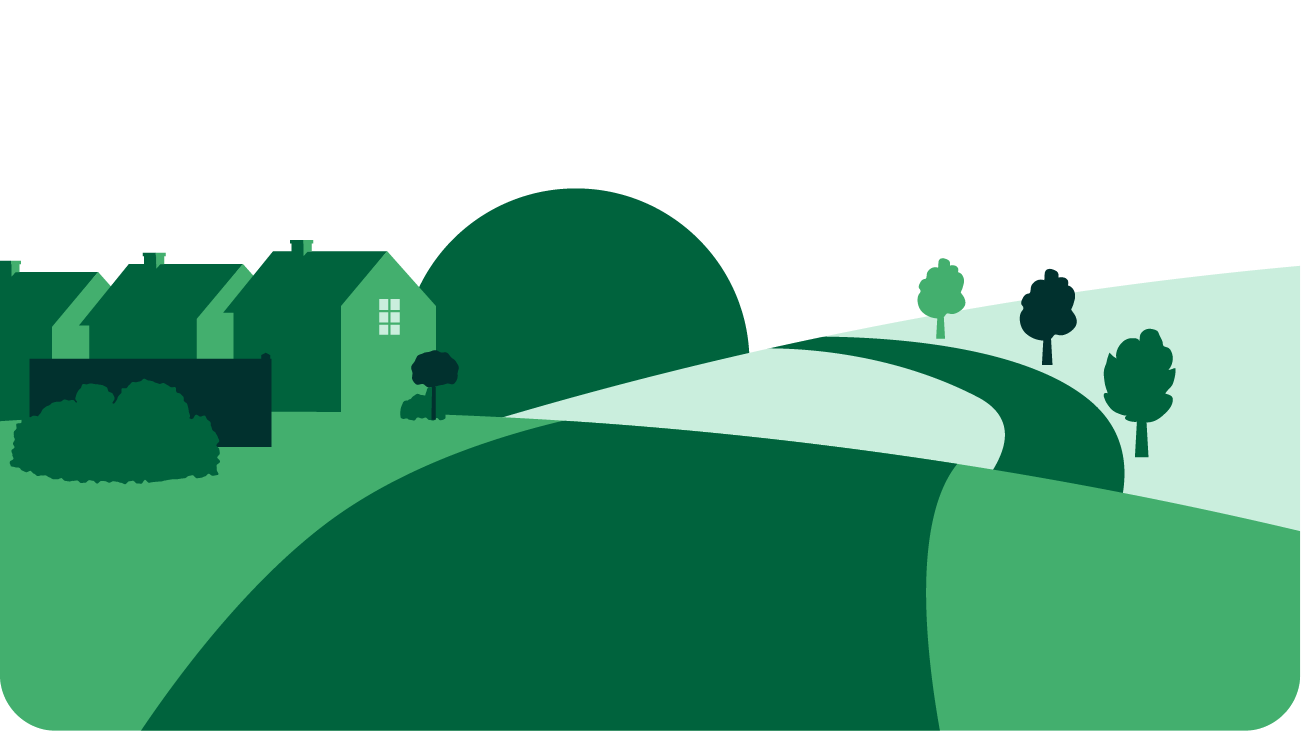 Illustration of a green countryside scene with a winding road, trees, and a row of houses on the left, set against a light green curved background.
