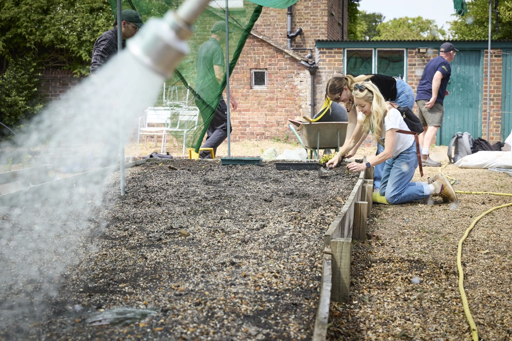 People working in a garden near a brick building, with a hose spraying water onto the soil and others tending to the ground with gardening tools. People working in a garden near a brick building, with a hose spraying water onto the soil and others tending to the ground with gardening tools.