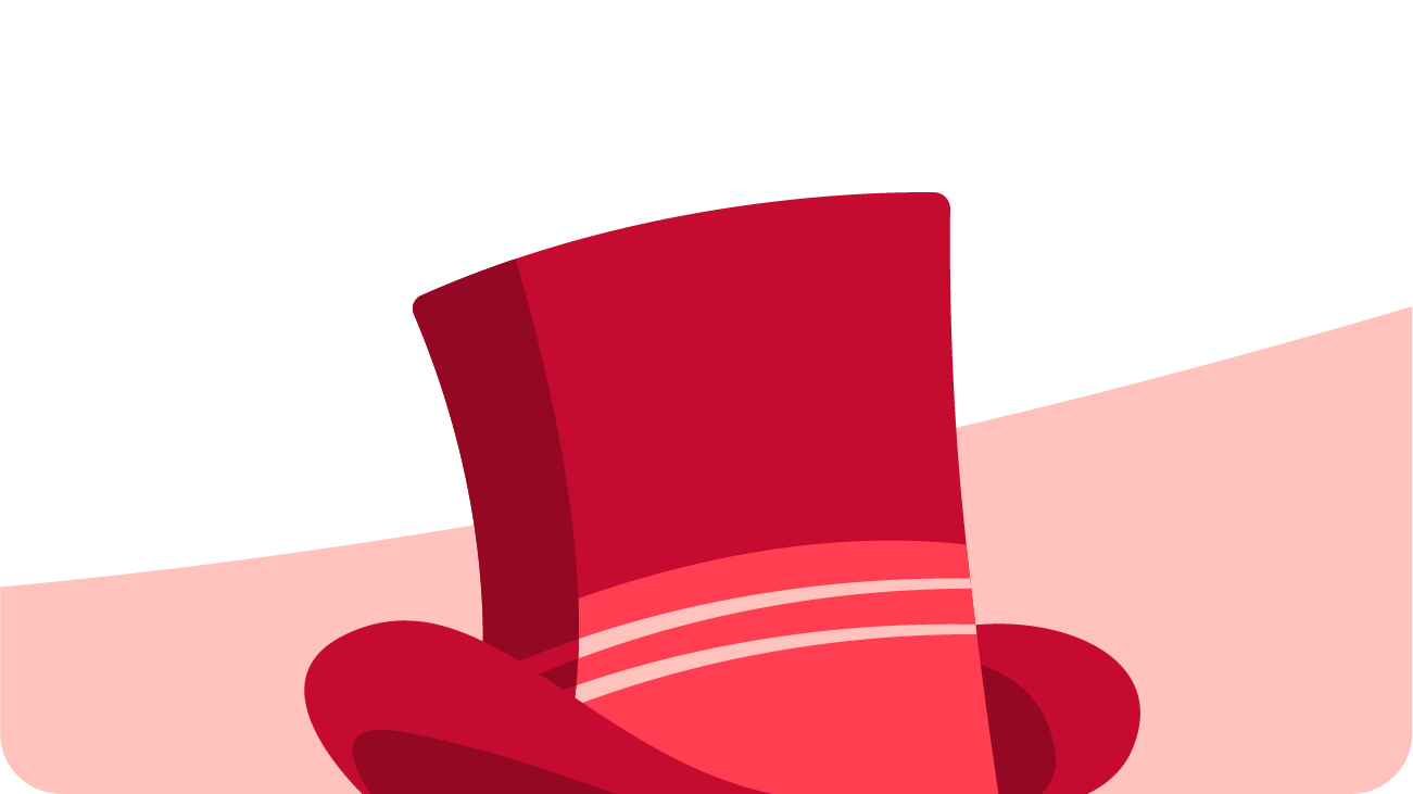 Illustration of a tall, red top hat with two lighter red stripes near the brim, set against a white background with a soft pink curved shape behind it.