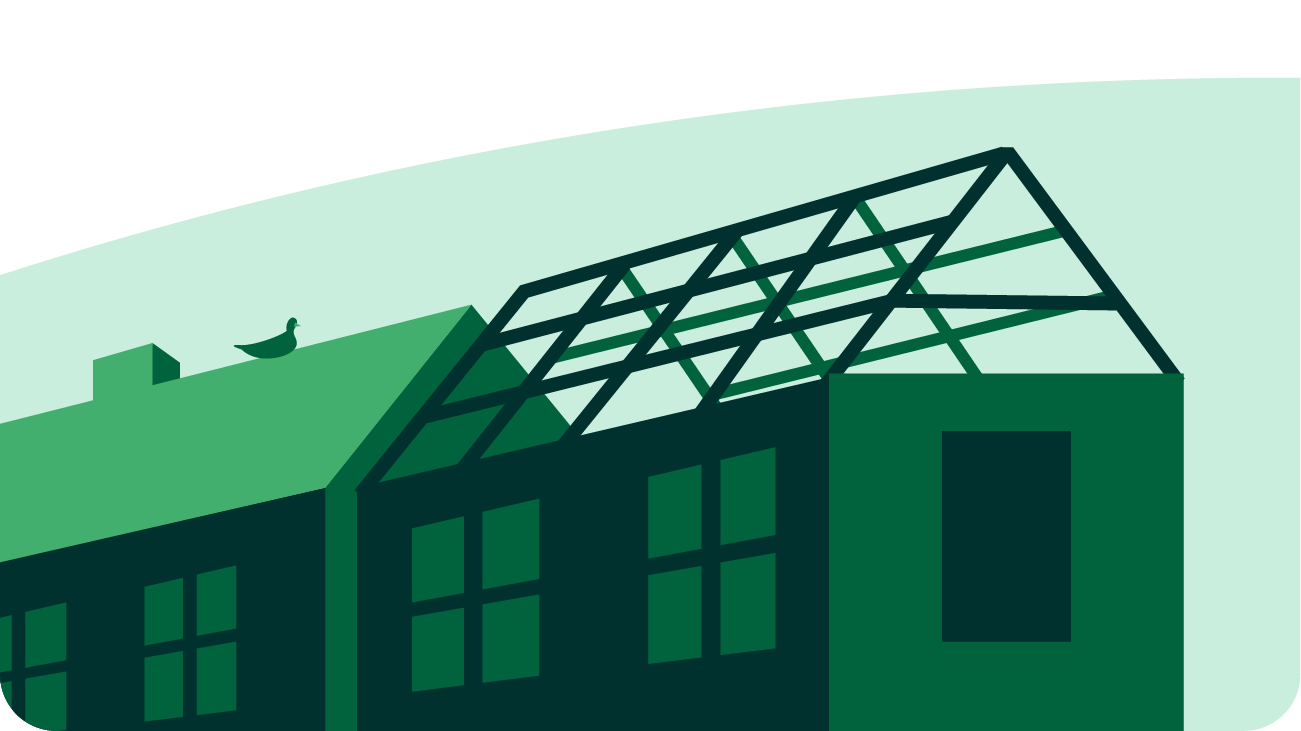 Illustration of a green house under construction, showing a partially built roof frame next to a completed house with windows, and a bird perched on the roof. The background features a light green curved shape.