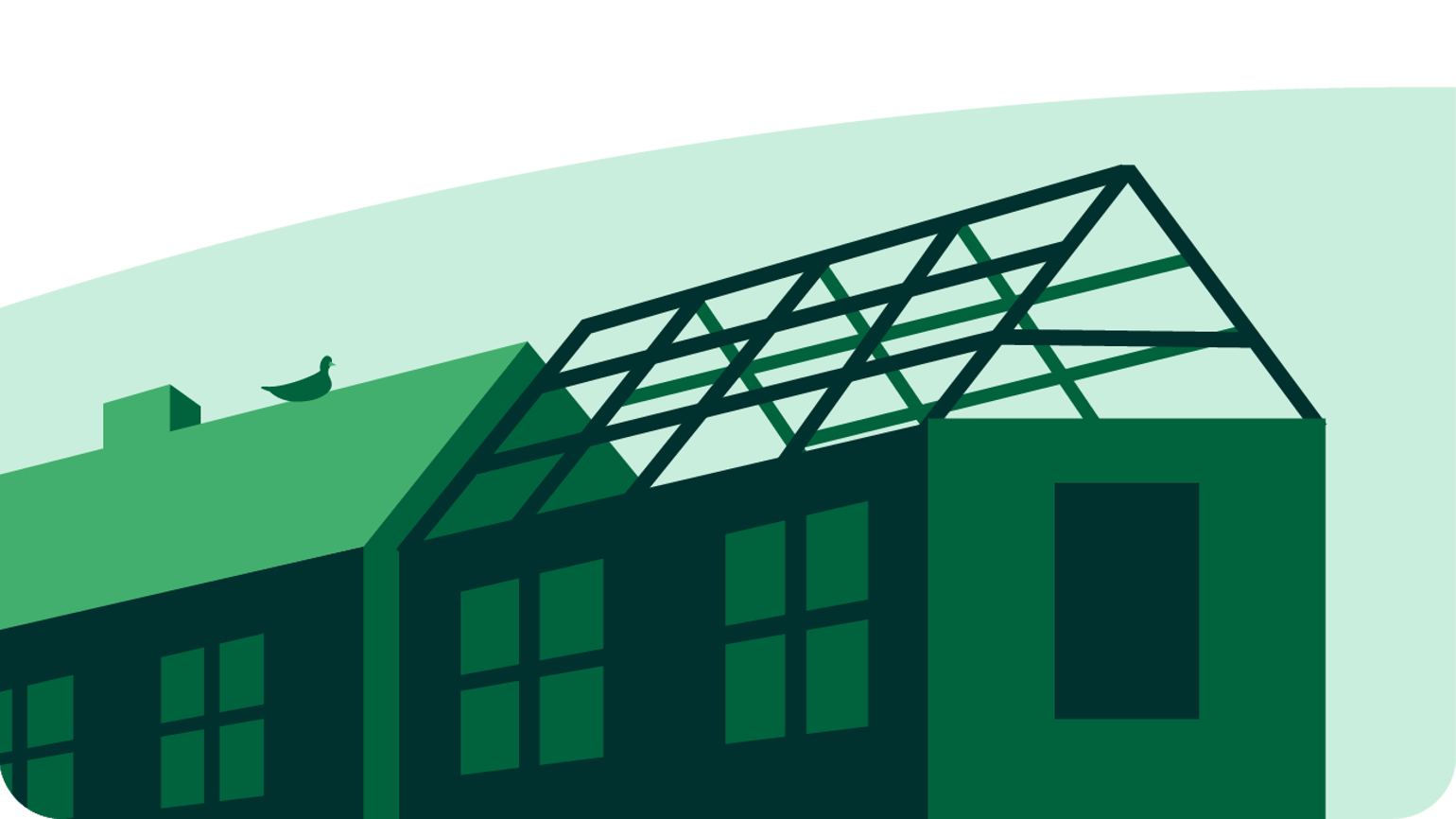 Illustration of a green house under construction, showing a partially built roof frame next to a completed house with windows, and a bird perched on the roof. The background features a light green curved shape. Illustration of a green house under construction, showing a partially built roof frame next to a completed house with windows, and a bird perched on the roof. The background features a light green curved shape.