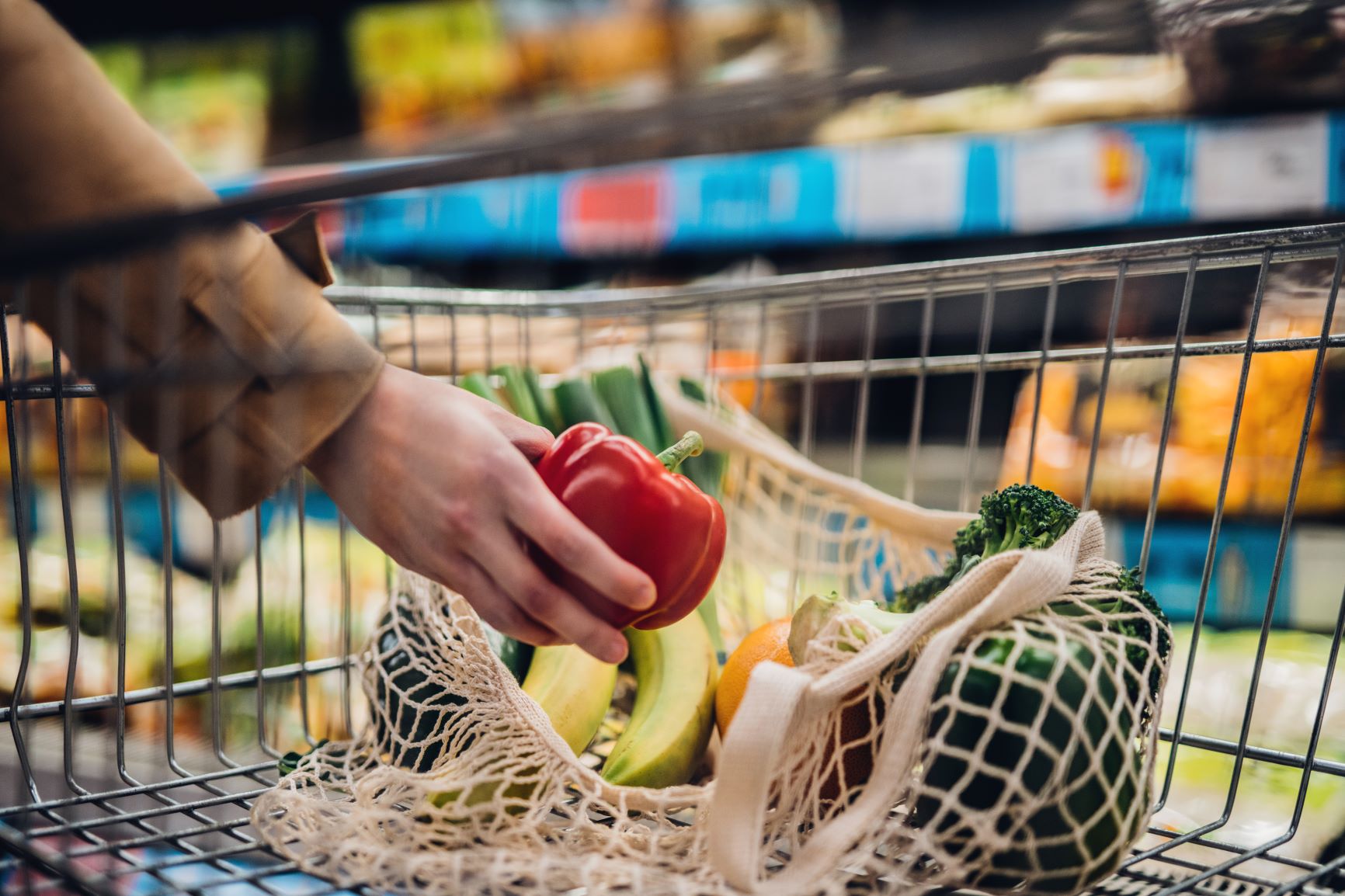 hands picking up groceries and placing in the trolley
