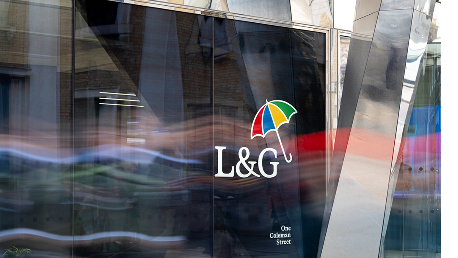 Exterior view of the L&G office at One Coleman Street, London, UK. The building has large glass windows, with the L&G logo.