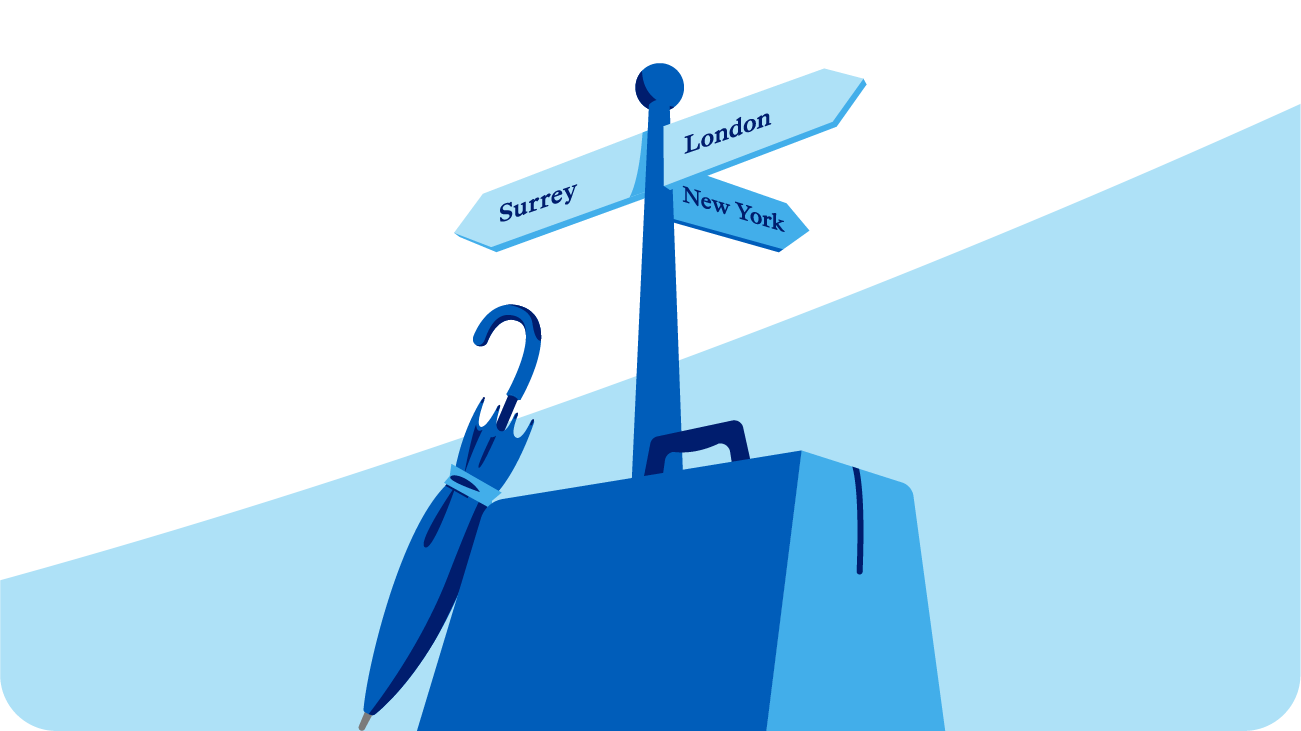 Illustration of a blue signpost with three directional signs labelled Surrey, London, and New York, placed on top of a blue suitcase with a closed umbrella leaning against it. The background features a light blue curved shape.