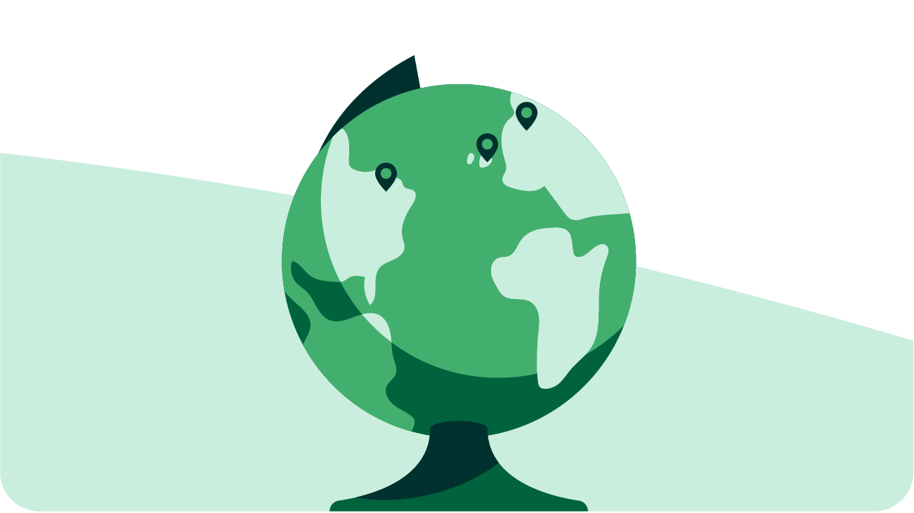 Illustration of a green globe on a stand, showing continents with three location pins marked, set against a light green curved background.