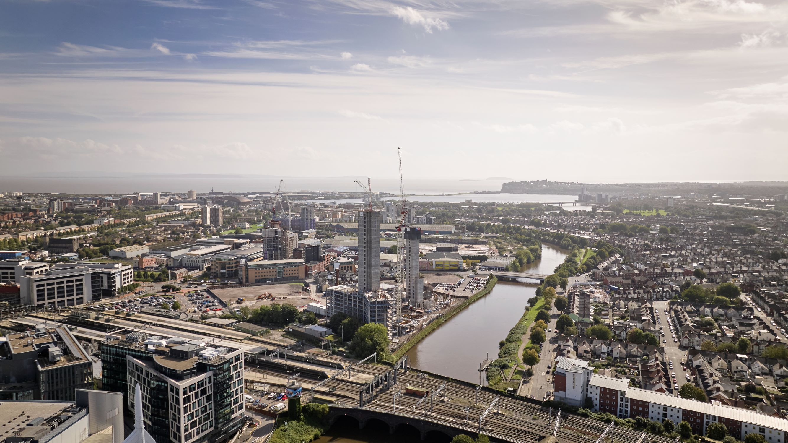 Aerial shot of Cardiff, UK, highlighting the River Taff.